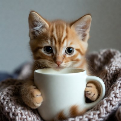Kitten holding white mug