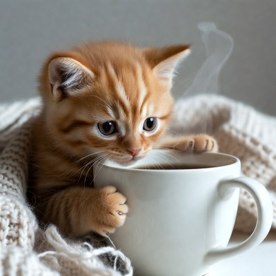 Kitten drinking from white mug