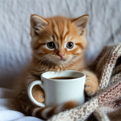 Kitten holding coffee cup