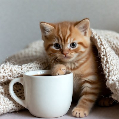 Orange Kitten Holding Coffee Mug
