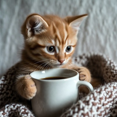 Kitten holding coffee mug