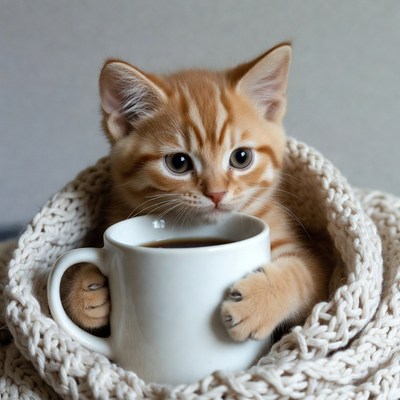 Kitten holding coffee mug in blanket