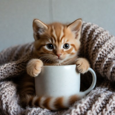 Kitten holding white mug