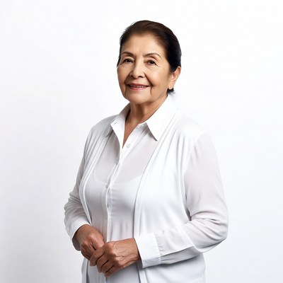 Smiling Latino woman in white blouse