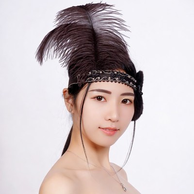 Asian woman wearing feathered headband