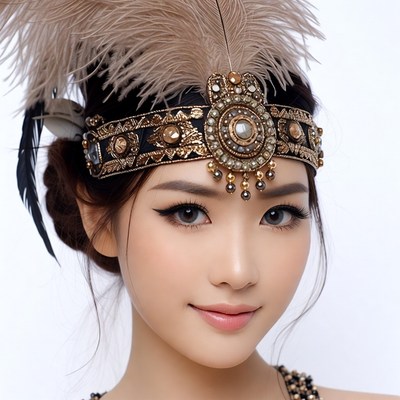 Asian woman in ornate feather headband