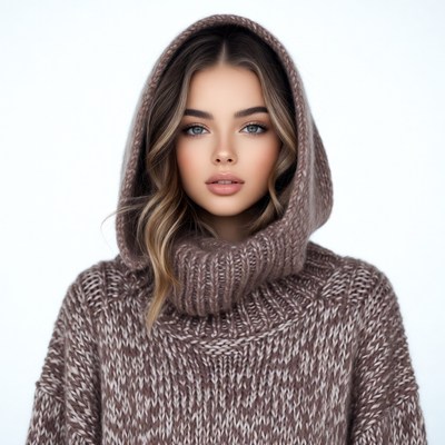 Woman in hooded knit sweater