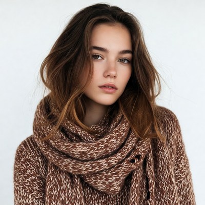 Woman in brown knitted scarf