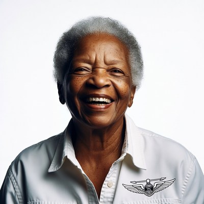 Elderly African-American woman smiling with wings pin