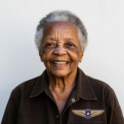 Elderly African-American woman smiling with aviator patch