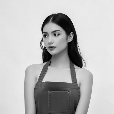 Asian woman in black apron