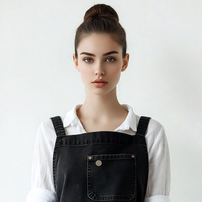 Woman in black overalls with bun