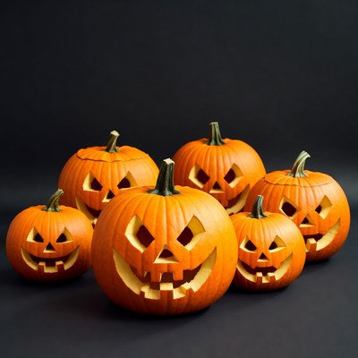 Jack-o'-lantern pumpkins on black background