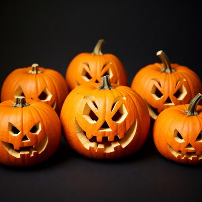 Carved Jack-o-Lantern Pumpkins on Black Background
