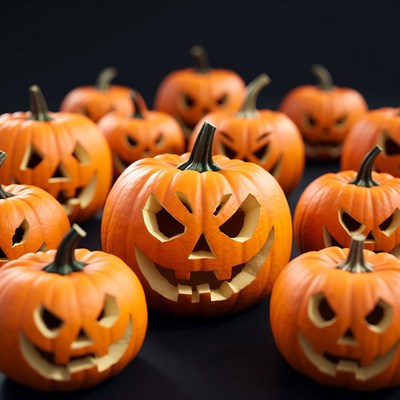 Jack-o'-lantern pumpkins on black background