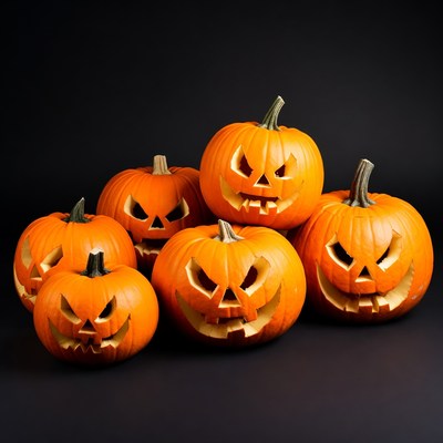 Jack-o'-lantern pumpkins on black background