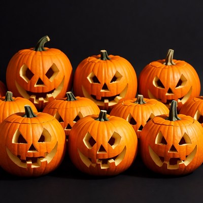 Jack-o'-lantern pumpkins on black background