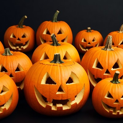 Jack-o-lantern pumpkins on black background