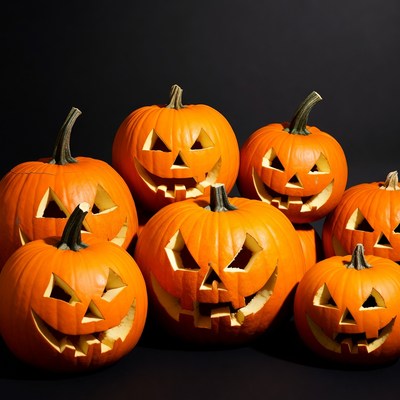 Jack-o'-lantern pumpkins on black background