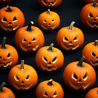 Jack-o'-lantern pumpkins on black background