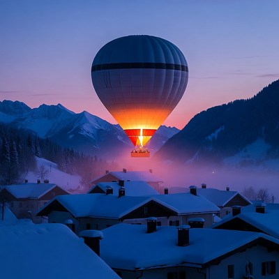 Hot Air Balloon Over Snowy Mountain Village
