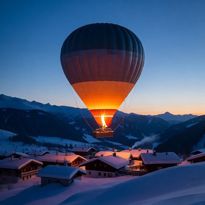 Hot Air Balloon Over Snowy Alpine Village