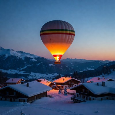 Hot Air Balloon Over Snowy Alpine Village