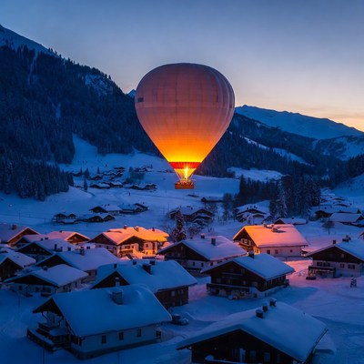 Hot Air Balloon Over Snowy Alpine Village