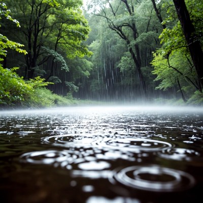 Rain falling on forest stream