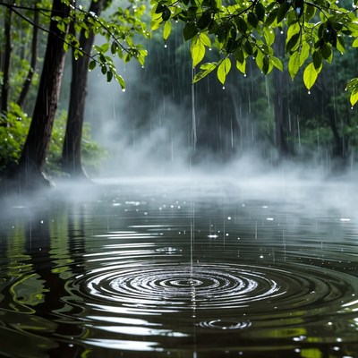 Rain falling into misty forest pond