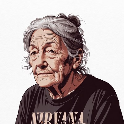 Elderly woman wearing Nirvana t-shirt