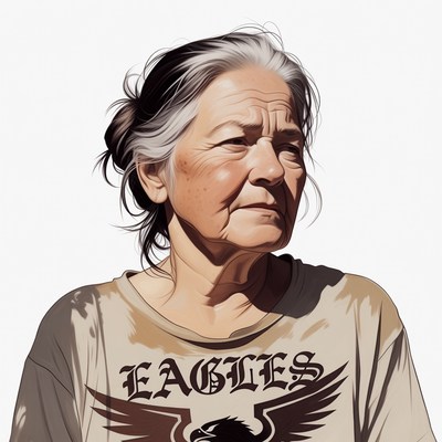 Elderly Asian woman in Eagles t-shirt