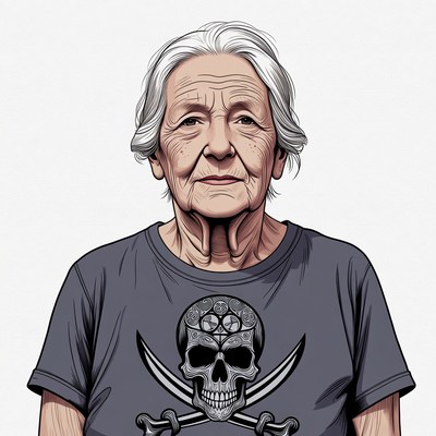 Elderly woman wearing skull t-shirt