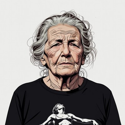 Elderly woman wearing black t-shirt