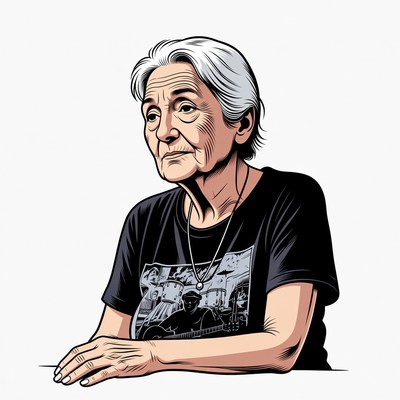 Elderly woman in black t-shirt