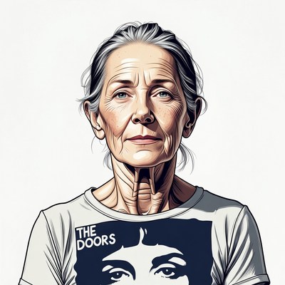 Elderly woman in The Doors t-shirt