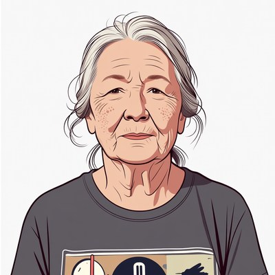 Elderly woman in graphic t-shirt
