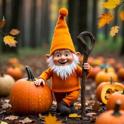 Gnome with staff among pumpkins