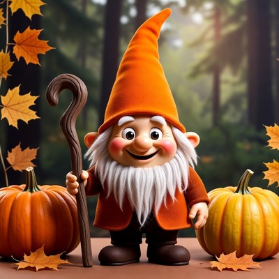 Smiling garden gnome with pumpkins