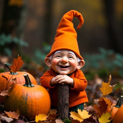 Smiling gnome with pumpkins in autumn forest
