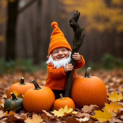 Smiling gnome with pumpkins in autumn forest