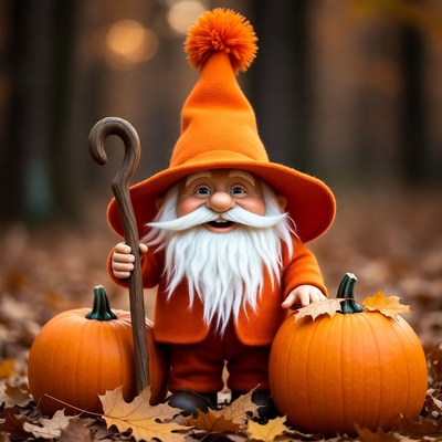 Gnome with pumpkins and autumn leaves