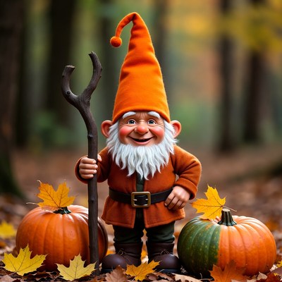 Smiling gnome with pumpkins in autumn forest