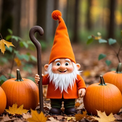 Gnome with pumpkins in autumn forest