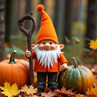 Gnome with pumpkins in autumn forest