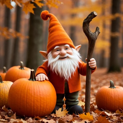 Smiling gnome with staff and pumpkins