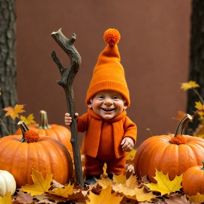 Gnome with staff among pumpkins
