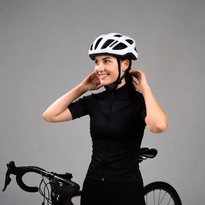 Woman adjusting helmet beside bike