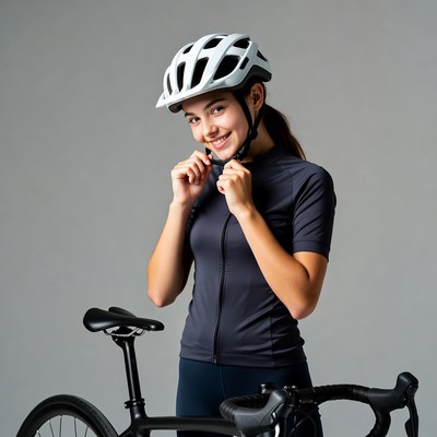 Smiling girl with helmet by bike