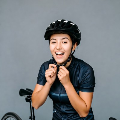 Asian woman smiling in cycling helmet